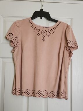 Kaari Blue Blush Pink Eyelet Cutout Short Sleeve Top